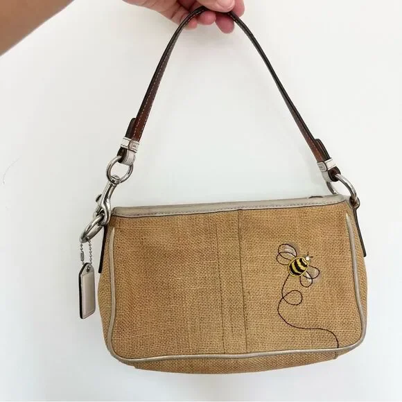 Coach LE Limited Bumble Bee Floral Y2K Mini Bag w Raffia Shoulder Purse tag READ - Picture 3 of 8